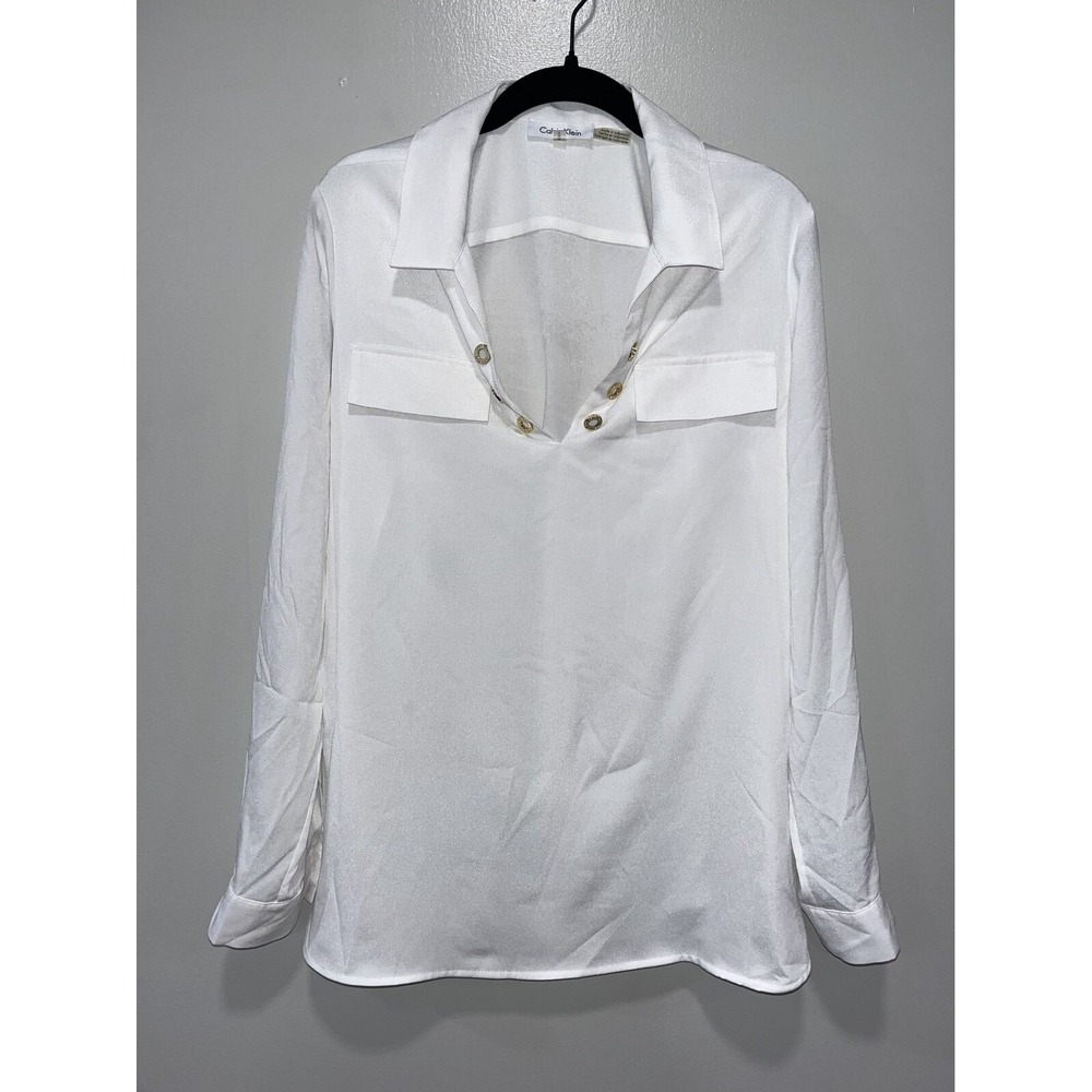 Calvin Klein Women's White Long Sleeve Button Blouse, Medium